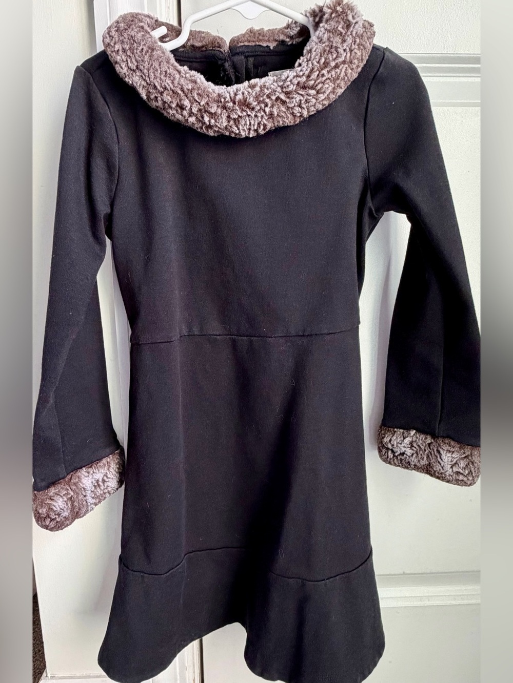 Hope & Henry Long-Sleeved Black Dress with Faux Fur Trim